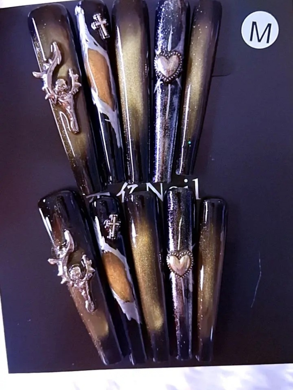 Black and Gold Acrylic Nail Set with Heart and Cross Accents